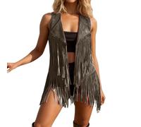 Gilet da donna in stile western, con frange e nappe, senza maniche, in pelle scamosciata, anni '70, hip-pie, cow-girl, aperto sul davanti, per festival del Regno Unito e capispalla stile Y2-K