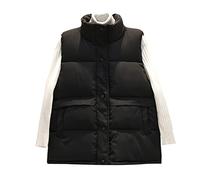 Gilet da donna in tinta unita con colletto alla coreana e tasca larga con due giù, in cotone, caldo gilet interno ed esterno, giacca da donna con cappuccio, Nero , L