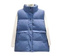 Gilet da donna in tinta unita con colletto alla coreana e tasca larga con due giù, in cotone, caldo gilet interno ed esterno, giacca da donna con cappuccio, Blu, L