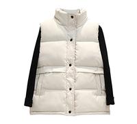 Gilet da donna in tinta unita con colletto alla coreana e tasca larga con due giù, in cotone, caldo gilet interno ed esterno, giacca da donna con cappuccio, bianco, L