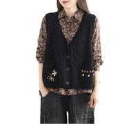 Gilet da donna lavorato a maglia cardigan senza maniche top retrò gilet moda fatto a mano maglione donna abbigliamento, Nero , XL