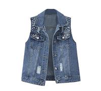 Gilet Da Donna Senza Maniche Gilet Di Jeans Estivo Gilet Di Jeans Corto Casual Di Moda Cappotto Sottile Con Fori Di Perline Blue XXL