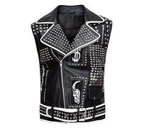Gilet da motociclista in pelle punk rock con borchie nere da uomo, Nero , M