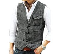 Gilet da uomo casual morbido in tweed con motivo a spina di pesce, per Groomsman Best Man, grigio., L