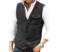 Gilet da uomo casual morbido in tweed con motivo a spina di pesce, per Groomsman Best Man, Nero , XXXL