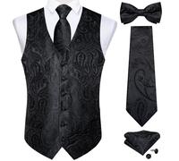 Gilet da uomo con motivo cachemire solido nero con cravatta, papillon, fazzoletto, gemelli, gilet formale per smoking da ballo di nozze