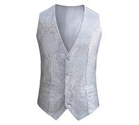 Gilet da uomo con paillettes argentate, senza maniche, scintillante, design con bottoni, gilet lucido per feste ed eventi, gilet da uomo, elegante ed elegante con paillettes, Argento, L