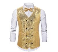 Gilet da uomo con paillettes con scollo a V, doppiopetto, casual, per feste, club, palcoscenico, matrimonio, Oro, L