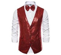Gilet da uomo con paillettes lucide, scollo a V profondo in tinta unita, per feste, gilet, papillon per lavoro, matrimonio, set scintillante cappotto casual per festival, discoteca, ballo, Rosso, L