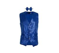 Gilet da uomo con paillettes lucido con scollo a V e gilet con glitter tinta unita con papillon per party club, Blu, XXL