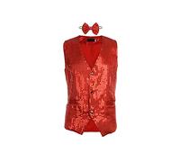 Gilet da uomo con paillettes lucido con scollo a V e gilet con glitter tinta unita con papillon per party club, Rosso, S