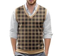 Gilet da uomo con scollo a V, a quadri, senza maniche, per autunno e inverno, lavorato a maglia, classico, da lavoro, caldo, in lana, cachi, XXL