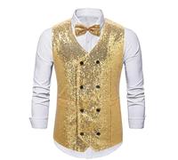 Gilet da uomo con scollo a V, doppiopetto, con paillettes, cuciture larghe, per costume da palcoscenico, Oro, L