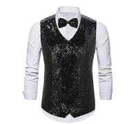 Gilet da uomo con scollo a V, doppiopetto, con paillettes, cuciture larghe, per costume da palcoscenico, Nero , L