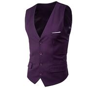 Gilet da uomo con scollo a V, gilet monopetto casual, tinta unita, senza maniche, con colletto a V e tasche finte, alla moda, gilet da lavoro, gilet per sposo nuziale., Viola, XXXXL