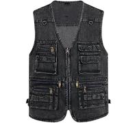 Gilet da uomo in denim multi-tasche per il tempo libero, lavoro, caccia, viaggi, pesca, Nero, 3XL