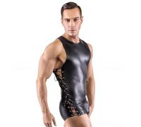 Gilet da uomo in finta pelle pantaloncini sexy camicia muscolare stretta notte romantica lingerie maschile nera senza maniche canotta hot pants camicia girocollo night club look bagnato canottiera,