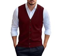 Gilet da uomo in maglia con bottoni, slim fit, con scollo a V, senza maniche, morbido misto lana, gilet casual, leggero e traspirante, ideale per ufficio, golf e uso quotidiano, Rosso, XXXXL