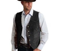 Gilet da uomo in pelle scamosciata, con scollo a V, elegante, per costume tradizionale bavarese, da cowboy, vintage, colore blu, verde, nero, S-4XL, C-nero., L