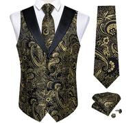 Gilet da uomo in seta Paisley con cravatta al collo Paisley dorata, fazzoletto, gemelli, gilet da smoking da ballo di nozze