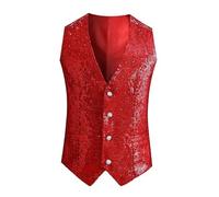 Gilet da uomo monopetto senza maniche con paillettes con scollo a V per feste, palcoscenico, club, feste, Rosso, L