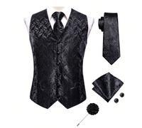 Gilet da uomo oversize nero con motivo paisley, vestibilità regular, set con cravatta, fazzoletto da taschino, gemelli e spilla a fiore, taglia extralarge 1XL-3XL, per occasioni formali come matrimoni