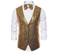 Gilet da uomo slim fit business matrimonio senza maniche canotta con cravatta qualità abito camicie per uomo, Oro, L