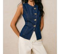 Gilet di jeans asimmetrico vintage con bottoni - Primavera Estate Carino Casual Y2k 90's Estate, Gilet di jeans aderente senza maniche per donna, Gilet, Gilet con bottoni asimmetrici, Gilet stile stre