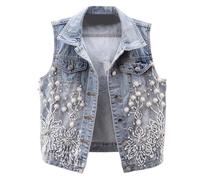 Gilet di jeans da donna ricamato con fiori di perle elaborati senza maniche Layering Piece per eleganza casual, Blu, L