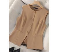 Gilet Donna Elegante Senza Maniche Colore Cachi Con Bottoni Rivestiti CF52552