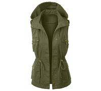Gilet estivo da donna, taglie grandi, con cappuccio, gilet da lavoro sciancrato con coulisse e tasche grandi, alla moda, tinta unita, con scollo a risvolto, abbigliamento da lavoro, verde, M