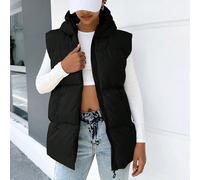 Gilet imbottito senza maniche con cerniera, cappotto invernale casual con cappuccio adatto a donne, vestibilità regolare, colore nero tinta unita, caldo e alla moda per l inverno L,M,SColore unicoTess