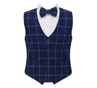 Gilet in cotone monopetto in tweed per ragazzi con motivo a quadri, slim fit, 3 pezzi, retrò, papillon formale Smart Casual Set, blu navy, 12 anni