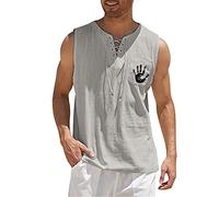 Gilet in lino da uomo, camicie estive hawaiane senza maniche, casual con lacci, da spiaggia, hippie, canotta bohémien, tunica rinascimentale, tunica pirata rinascimentale, gilet sportivo leggero con