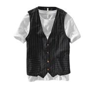 Gilet in lino da uomo, monopetto, a righe, blazer gilet | gilet estivo casual senza maniche sottile | morbida e accogliente giacca da lavoro vintage vestibilità ampia per il tempo libero canotte con