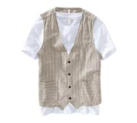 Gilet in Lino da Uomo, Monopetto a Righe, Estivo Casual Senza Maniche Sottile | Morbida e Accogliente Giacca da Lavoro Vintage con Vestibilità Ampia per il Tempo Libero