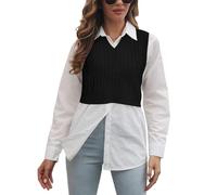 BTFONIA Gilet in Maglia con Scollo a V da Donna, Tinta Unita, Stile Preppy, Senza Maniche, Corto, in Maglia(Black,M)
