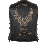 Gilet in pelle con aquila elaborata, motivo Live to Ride, marrone, XXXXL