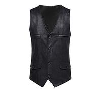 Gilet in Pelle da Uomo da Cowboy, Multitasche Nero Con Scollo a V, Giacca Senza Maniche Monopetto Con Bottoni, Casual Leggero Tinta Unita, Nero, XXL
