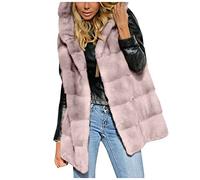 Gilet in pelliccia sintetica da donna, lungo, senza maniche, in pelliccia sintetica, con cappuccio, elegante, per le mezze stagioni, in tinta unita Y2K, Colore: rosa., L