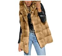 Gilet in pelliccia sintetica da donna, lungo, senza maniche, in pelliccia sintetica, con cappuccio, elegante, per le mezze stagioni, in tinta unita Y2K, cachi, M