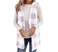 Gilet in pile a scacchi da donna tipo Teddy con cappuccio giacca termica senza maniche Teddy gilet da esterno giacca a maglia senza maniche per autunno, Luce viola, M