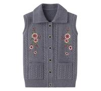 Gilet invernale ricamato del cardigan delle donne anziane della nonna della maglia del maglione delle donne di mezza età, Grigio, XXXL