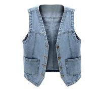 Gilet Jeans Donna Estivo con Scollo a V e Bottone Giacca Senza Maniche in Denim Elegante Smanicato Primaverile Casual per Casa,Lavoro,Sport,Blu,L