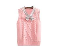 Gilet lavorato a maglia con papillon con scollo a V, canotta lavorata a maglia, per uniforme scolastica per bambini, maglioncino in pile per ragazze adolescenti, rosa, 7-8 Anni