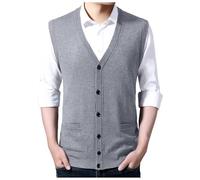 Gilet lavorato a maglia da uomo, senza maniche, con scollo a V, in cotone, maglione invernale da uomo, aperto sul davanti, gilet lavorato a maglia, tinta unita, casual, grigio chiaro, 4XL