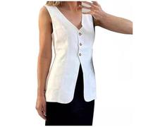 Gilet lungo da donna in lino estivo casual senza maniche medio lungo, bianco, XL