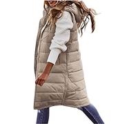 Gilet lungo da donna in piuma d'oca senza maniche giacca con cappuccio inverno caldo cappotto sottile zip all'aperto gilet vintage giacca a sbuffo antivento leggero gilet morbido (Di mandorle,L)