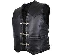 Gilet pelle uomo moto - in vera pelle nera, stile biker con ganci cromati, lacci laterali regolabili e rifinitura intrecciata, ideale per patch club motociclistici (IT, Testo, XXL, Regular, Regular)
