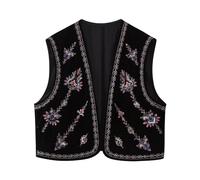 Gilet ricamato da donna classico senza maniche aperto sul davanti cardigan in velluto gilet autunno donna gilet giacca outwear, Nero , L